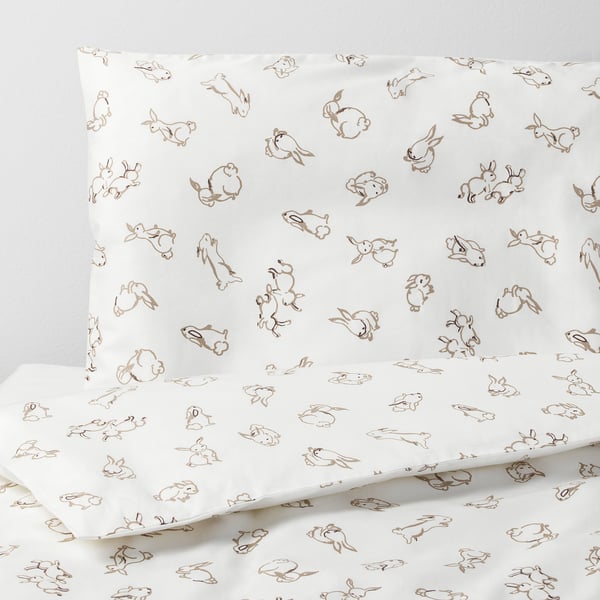 RÖDHAKE Housse couette+1 taie pour lit bébé, motif lapin/blanc/beige, 110x125/35x55 cm