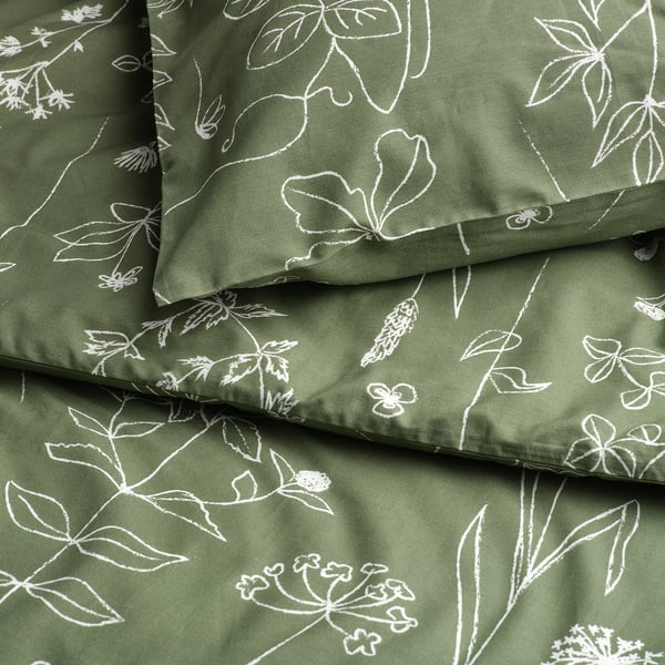 SLÅNGULDMAL Housse de couette et 1 taie, vert/motif floral, 150x200/50x60 cm