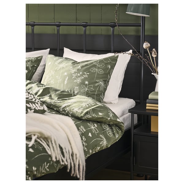 SLÅNGULDMAL Housse de couette et 1 taie, vert/motif floral, 150x200/50x60 cm