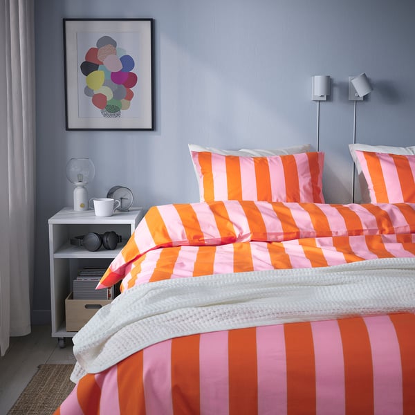 SLÅNHÖSTMAL Housse de couette et 2 taies, orange/rose/rayé, 240x220/50x60 cm