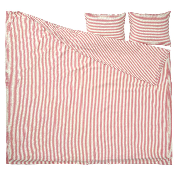 SMÅNUNNEÖRT Housse de couette et 2 taies, brun-rouge blanc/rayé, 240x220/50x60 cm