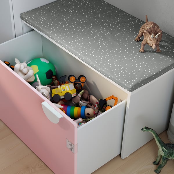 SMÅSTAD Banc avec rangement jouets, blanc/rose pâle, 90x52x48 cm
