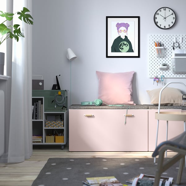 SMÅSTAD Banc avec rangement jouets, blanc/rose pâle, 90x52x48 cm
