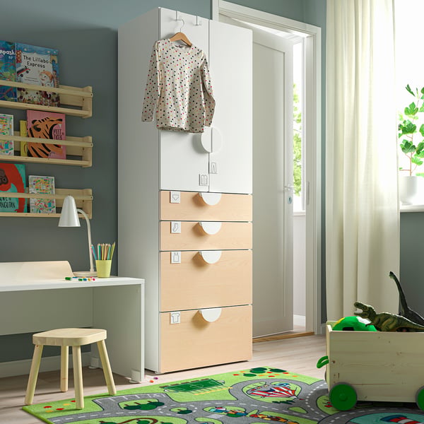 SMÅSTAD / PLATSA Armoire-penderie, blanc/bouleau avec 4 tiroirs, 60x42x181 cm