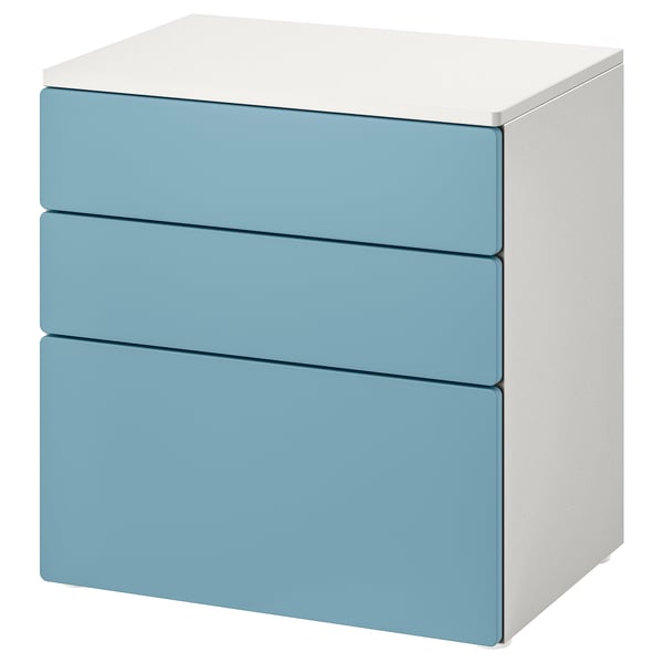 SMÅSTAD / PLATSA Commode 3 tiroirs, blanc/bleu, 60x42x63 cm