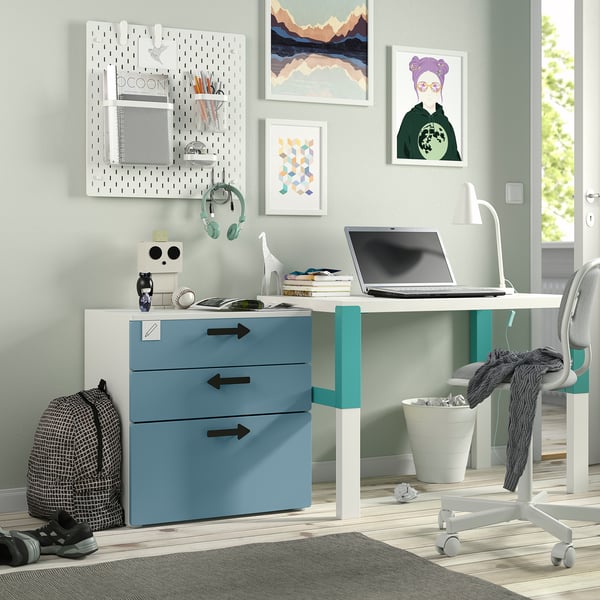 SMÅSTAD / PLATSA Commode 3 tiroirs, blanc/bleu, 60x42x63 cm