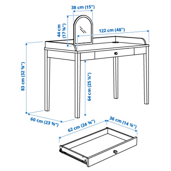 SMYGA Bureau avec miroir, gris clair, 122x60 cm