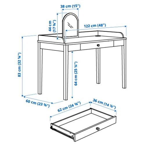 SMYGA Bureau avec miroir, gris clair, 122x60 cm