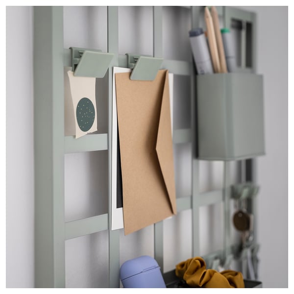 SNICKRA Panneau perforé+accessoires, 8 pcs, gris vert, 38x38 cm