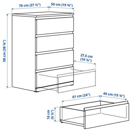 STORKLINTA Commode 4 tiroirs, motif chêne, 70x50x98 cm