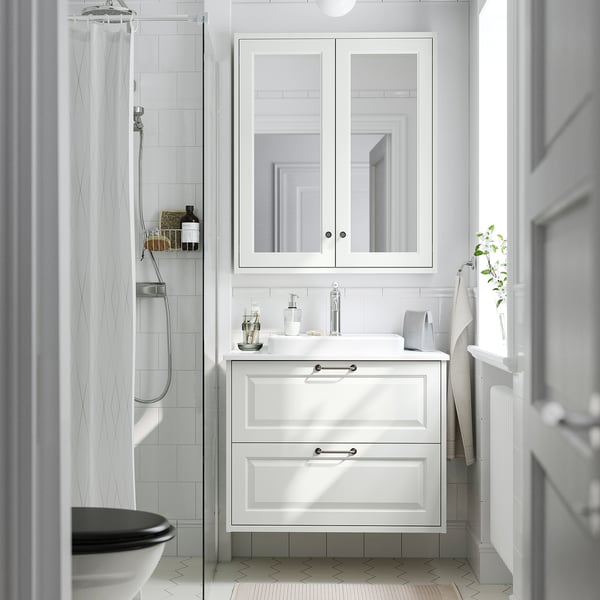 TÄNNFORSEN / ORRSJÖN Meuble lavabo avec tiroirs/vasque, blanc/blanc marbré, 82x49x71 cm