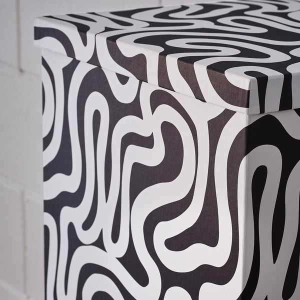 TJENA Boîte de rangement avec couvercle, à motifs/noir blanc, 32x35x32 cm