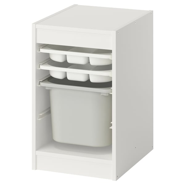 TROFAST Combinaison rangement bac/plateaux, blanc blanc/gris, 34x44x56 cm