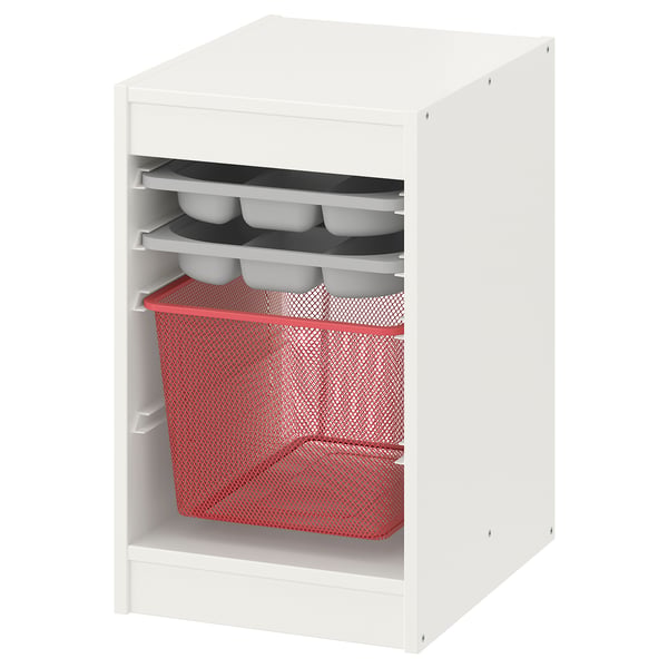 TROFAST Combinaison rangement bac/plateaux, blanc gris/rouge clair, 34x44x56 cm