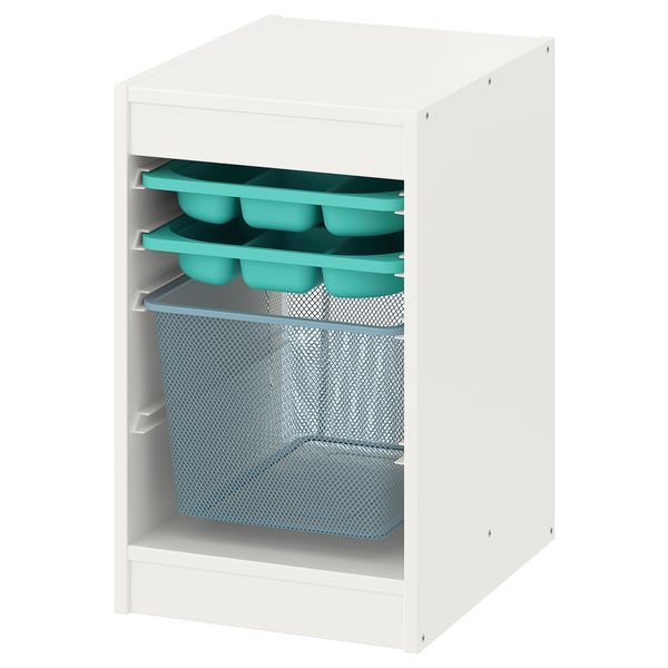 TROFAST Combinaison rangement bac/plateaux, blanc turquoise/bleu gris, 34x44x56 cm