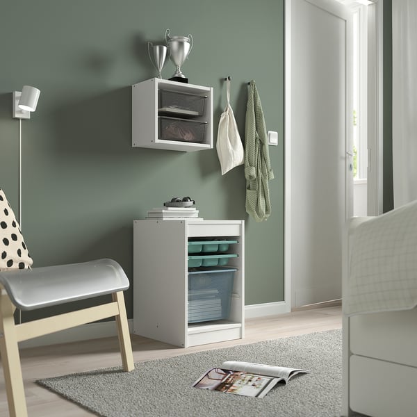 TROFAST Combinaison rangement bac/plateaux, blanc turquoise/bleu gris, 34x44x56 cm