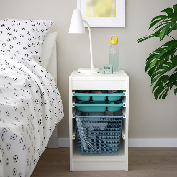 TROFAST Combinaison rangement bac/plateaux, blanc turquoise/bleu gris, 34x44x56 cm