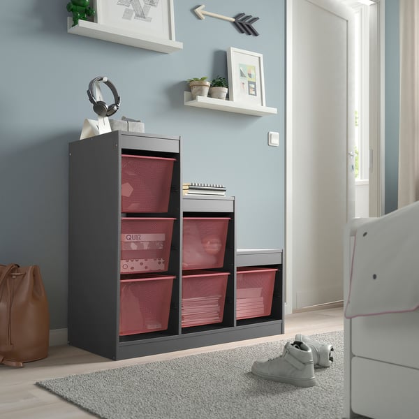 TROFAST Combinaison structure + bacs, gris/rouge clair, 99x44x94 cm