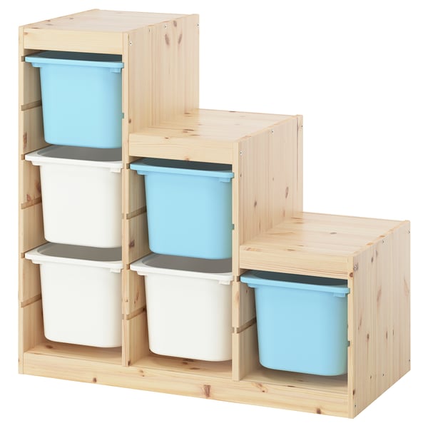 TROFAST Combinaison structure + bacs, pin teinté blanc clair blanc/bleu clair, 94x44x91 cm