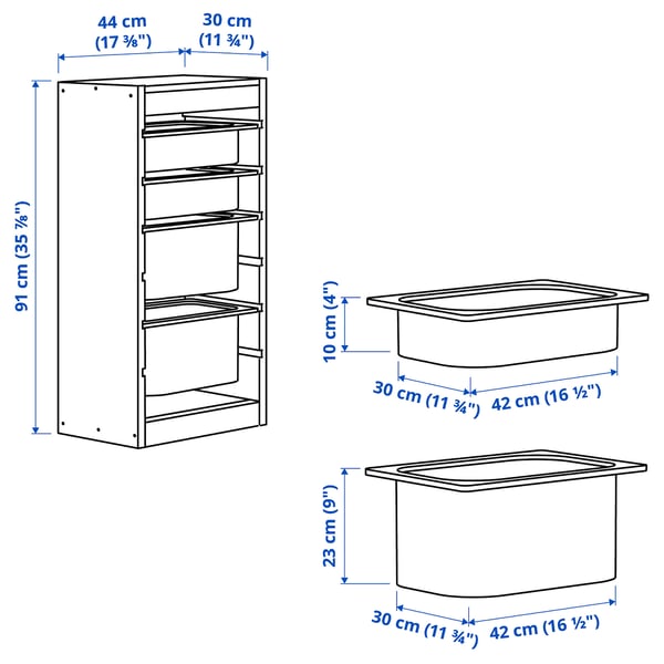 TROFAST Combinaison structure + bacs, pin teinté blanc clair/blanc, 44x30x91 cm