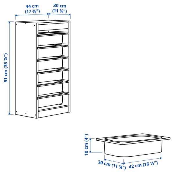 TROFAST Combinaison structure + bacs, pin teinté blanc clair/blanc, 44x30x91 cm