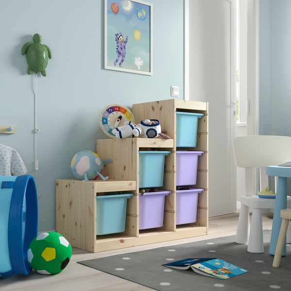 TROFAST Combinaison structure + bacs, pin teinté blanc clair mauve/bleu clair, 94x44x91 cm