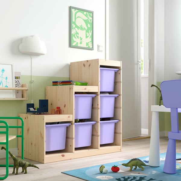 TROFAST Combinaison structure + bacs, pin teinté blanc clair/mauve, 94x44x91 cm