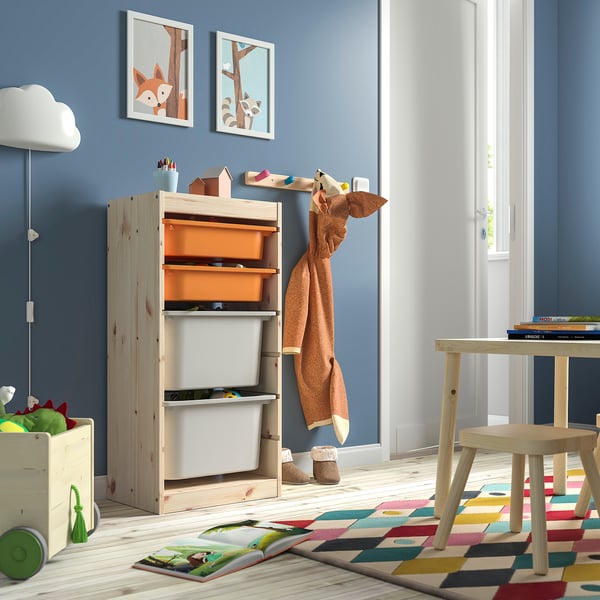 TROFAST Combinaison structure + bacs, pin teinté blanc clair orange clair/gris, 44x30x91 cm