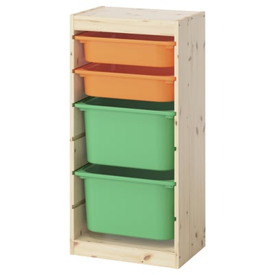 TROFAST Combinaison structure + bacs, pin teinté blanc clair/orange clair vert vif, 44x30x91 cm