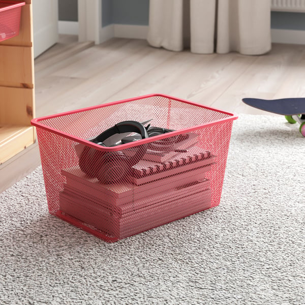 TROFAST Combinaison structure + bacs, pin teinté blanc clair/rouge clair, 94x44x91 cm