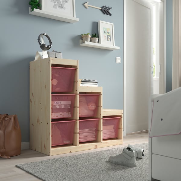 TROFAST Combinaison structure + bacs, pin teinté blanc clair/rouge clair, 94x44x91 cm