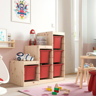 TROFAST Combinaison structure + bacs, pin teinté blanc clair/rouge, 94x44x91 cm