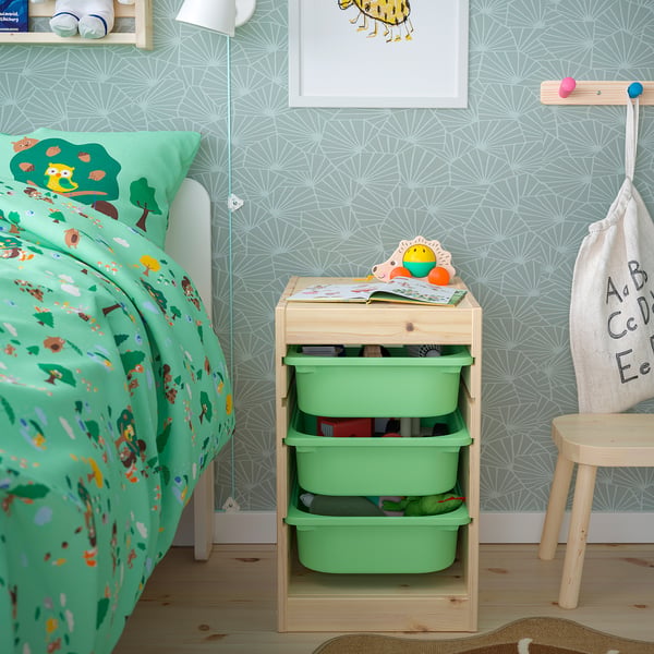 TROFAST Combinaison structure + bacs, pin teinté blanc clair/vert clair, 32x44x52 cm