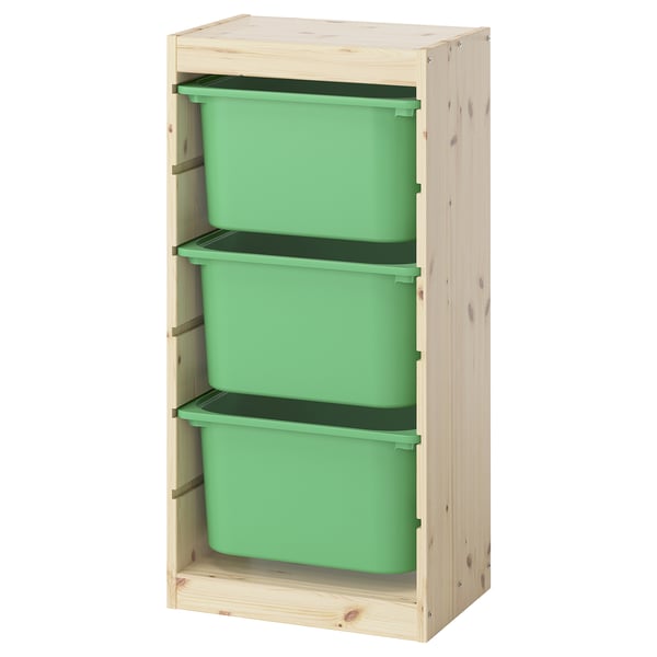 TROFAST Combinaison structure + bacs, pin teinté blanc clair/vert vif, 44x30x91 cm