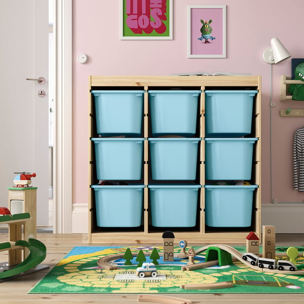 TROFAST Combinaison structure + bacs, séparateur de pièce/pin teinté blanc clair bleu clair, 93x44x91 cm