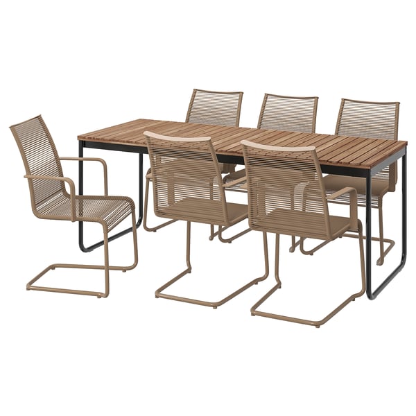 VÄSMAN / VÄSMAN Table+6 chaises accoudoir, ext, extensible teinté brun clair/brun, 135x190/74 cm