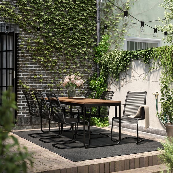 VÄSMAN / VÄSMAN Table+6 chaises accoudoir, ext, extensible teinté brun clair/noir, 135x190/74 cm