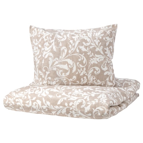VÅRBRÄCKA Housse de couette et 2 taies, beige/blanc, 240x220/50x60 cm