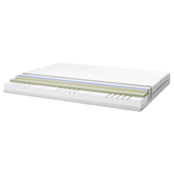 Cross-section of a mattress showing multiple foam layers bounded by polyester and polypropylene covers.
