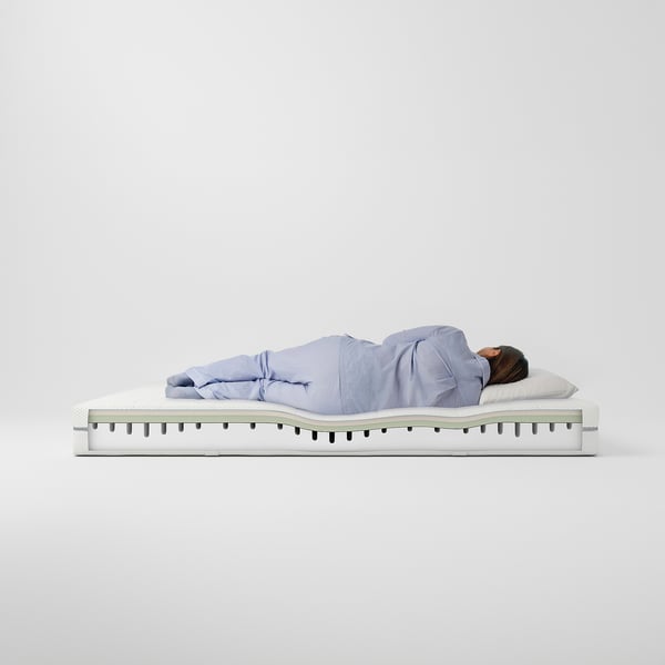 Person sleeping on a white, medium-firm, multi-layered mattress, covered with a blue outfit.