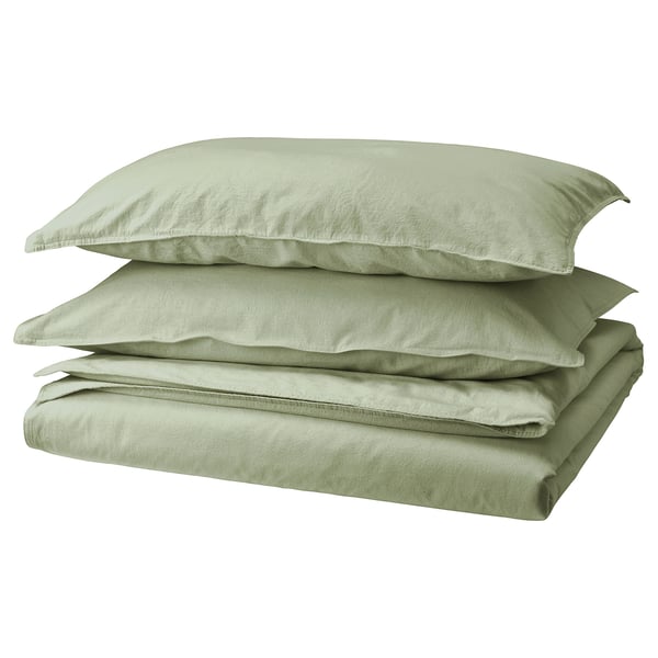 ÄNGSLILJA green bedding set: includes duvet and pillow covers, soft pre-washed cotton, earthy tone, simple design.