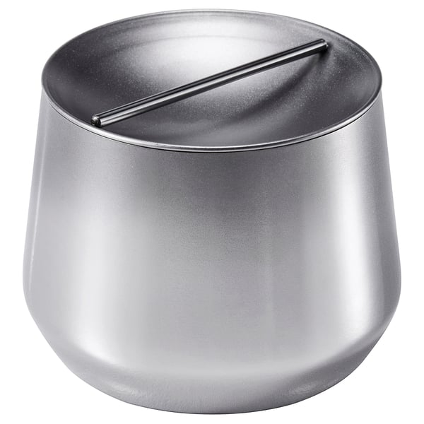 Stainless steel AFTONHAJ jar with lid and handle for dry goods.