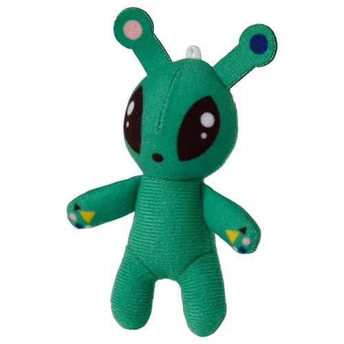Small green alien cuddly toy with antennae, large eyes, and yellow triangle patches on arms, perfect for play or travel.