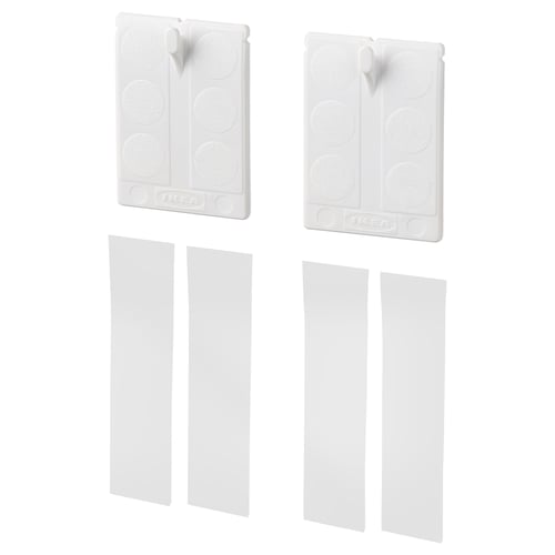 Four white ALFTA hooks and adhesive strips. Rectangular shape, textured surface, adhesive backing. For hanging lightweight frames.
