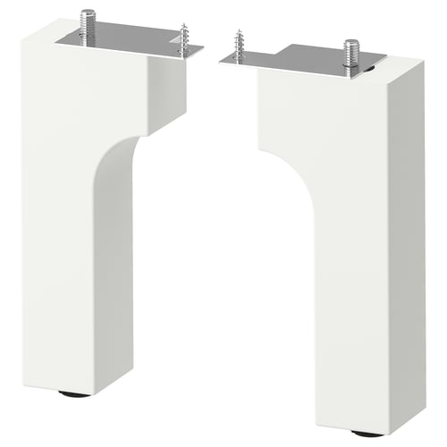 Two white wooden bathroom cabinet legs with stainless steel plates and screws.