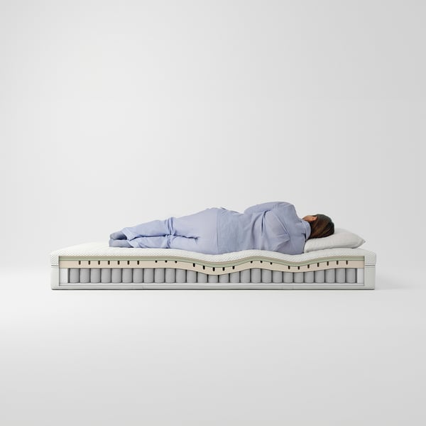 Person sleeping on a light grey ÅNNELAND mattress with a blue pyjama. Side view of hybrid foam and pocket spring mattress with five comfort zones.
