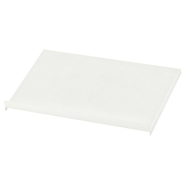 Displays a white AURDAL metal shelf, rectangular with perforated design, ideal for storage.