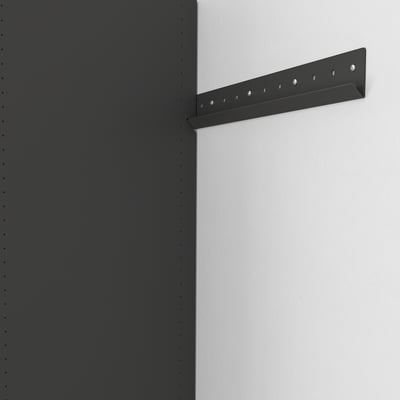 Black metal suspension rail attached to a grey wall, designed for AURDAL storage system.