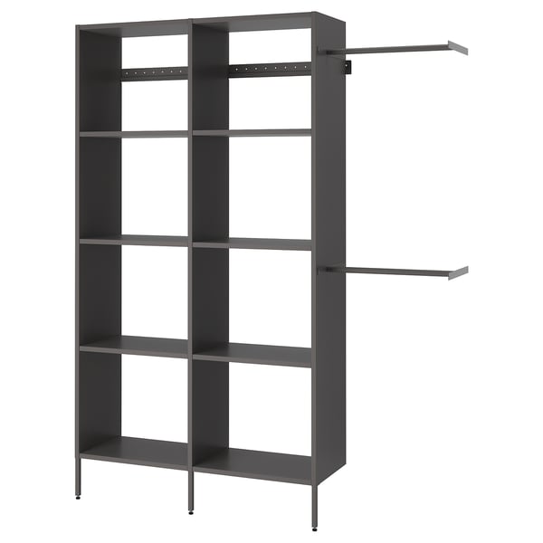 A dark grey AURDAL storage unit with adjustable shelves and hanging rails, designed for customizable closet organisation.