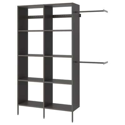 A dark grey AURDAL storage unit with adjustable shelves and hanging rails, designed for customizable closet organisation.